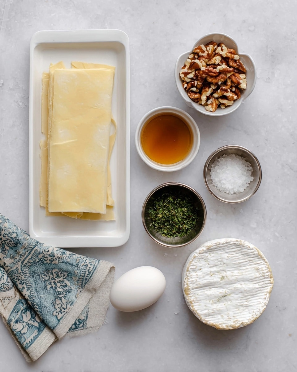 A white rectangular tray with a folded light yellow pastry sheet on the left side, above a white marbled background; next to it on the top right, a small white bowl filled with chopped brown nuts, and beside that, a small white bowl with amber-colored syrup; below the bowls to the right, a whole white egg sits between a small metal bowl of finely chopped green herbs and another small metal bowl containing coarse white salt; at the bottom right corner, a round cheese wheel wrapped partially in white paper rests on the white marbled surface, with a piece of fabric featuring blue and white patterns peeking in from the bottom left corner photo taken with an iphone --ar 4:5 --v 7
