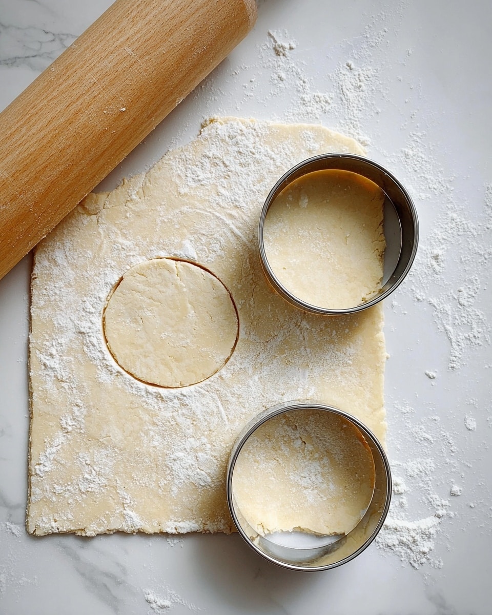 The image shows a sheet of pale yellow dough dusted with white flour laying flat on a white marbled surface. Two round shapes are being cut out from the dough using shiny metal round cutters placed on top of it, with the larger cutter on the right circle and the smaller cutter to the left. There is some extra flour scattered around the dough and cutters. At the upper left corner, a wooden rolling pin is partially visible with its smooth texture. The scene captures a simple moment of dough preparation with soft natural light. Photo taken with an iphone --ar 4:5 --v 7