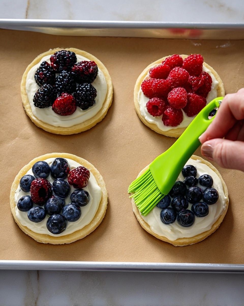 Four small round fruit tarts rest on light brown parchment paper on a baking tray. Each tart has two layers: the base is a pale yellow round pastry circle, and the second layer on top is white cream spread evenly, covering almost all of the pastry. The third layer shows fresh berries arranged on the cream; two tarts have clusters of blackberries and blueberries, while the other two have raspberries and blueberries. A woman's hand is brushing the edges of one tart’s pastry with a bright green brush. The background surface is a white marbled texture. Photo taken with an iphone --ar 4:5 --v 7