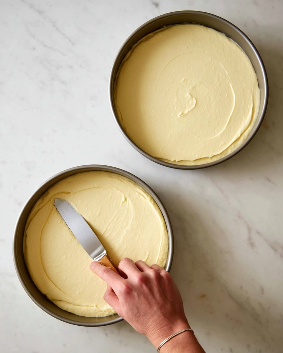 Two round cake pans filled with smooth, pale yellow cake batter are placed on a white marbled surface. The batter in each pan is evenly spread, showing a creamy texture. In the lower pan, a woman's hand holds a spatula with a wooden handle, gently smoothing the batter's surface. The pans have a metallic color with a matte finish, and the light casts soft shadows on the marbled background. photo taken with an iphone --ar 4:5 --v 7