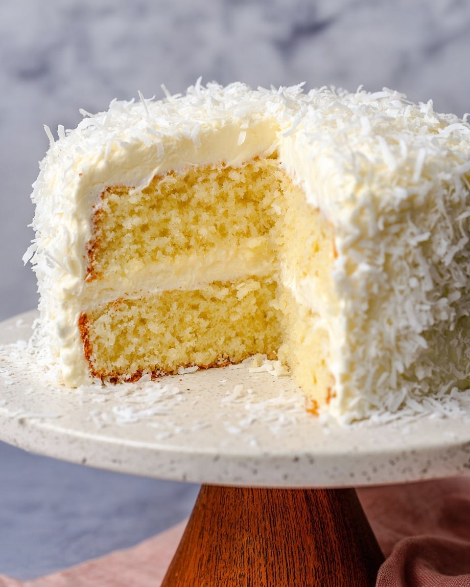 A two-layer light yellow cake with a creamy white frosting spread evenly on top and between the layers, covered with white shredded coconut all over the outside. The cake is shown on a white marbled textured cake stand with a wooden base, and there is a blurred white marbled textured background behind. The soft texture of the cake layers is clear with small air holes visible inside. photo taken with an iphone --ar 4:5 --v 7