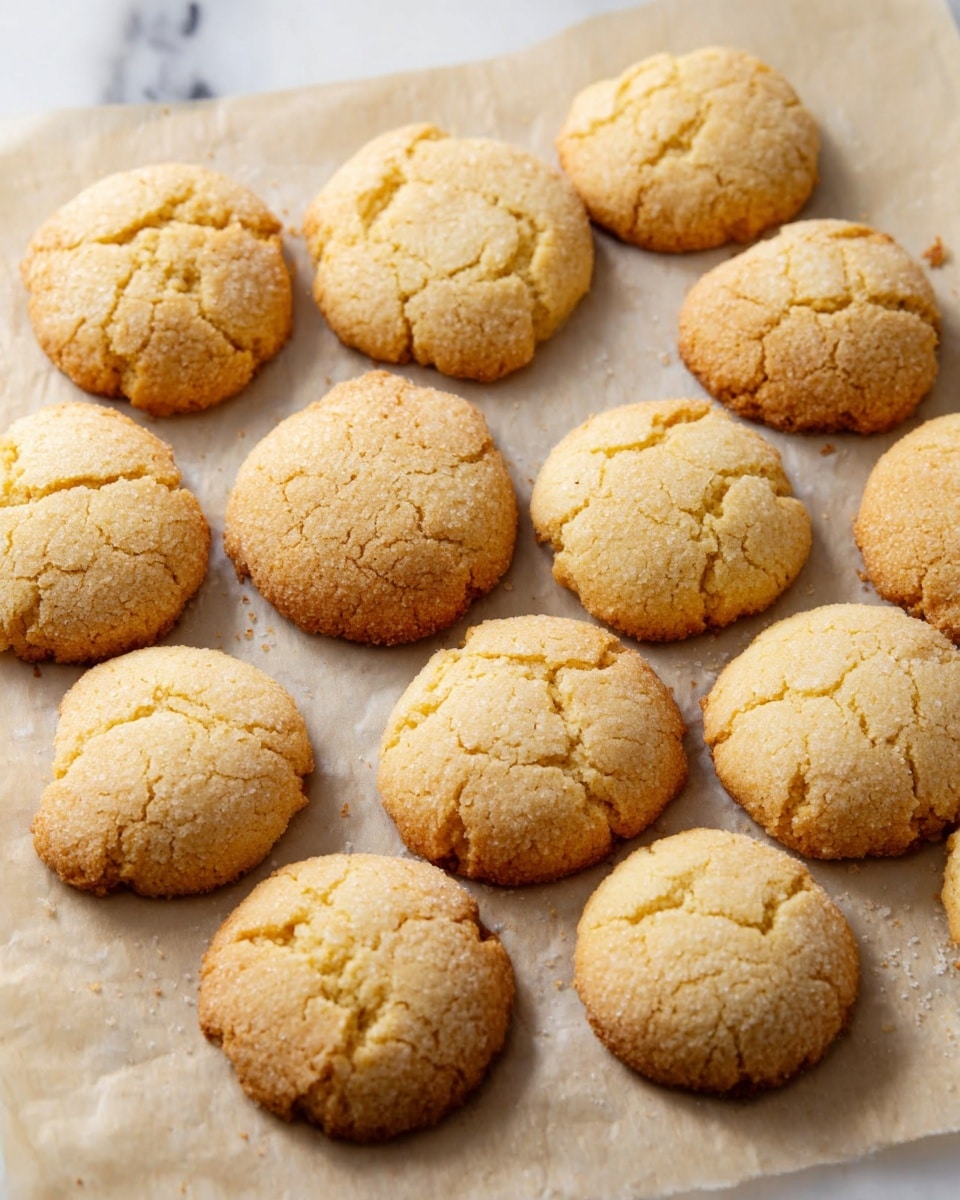 The image shows about fifteen round cookies with light golden brown tops and cracked textures, spread out on a sheet of light beige parchment paper. Each cookie looks soft and slightly crumbly, with some cracks visible on their surface. The cookies are placed close to each other but not touching, arranged randomly over the parchment. The setting is on a white marbled surface, giving a clean and simple background that highlights the warm tones of the cookies. photo taken with an iphone --ar 4:5 --v 7