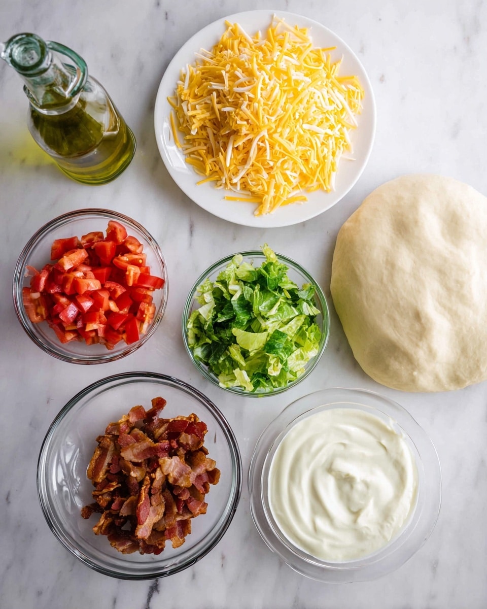 The image shows ingredients for a dish placed on a white marbled surface, including a glass bowl of smooth, pale dough on the top right, and a white plate with a pile of shredded yellow cheese on the top left. Below the dough, there are four clear glass bowls arranged in a loose square: the top left bowl has bright red diced tomatoes, the top right has fresh chopped green lettuce, the bottom left contains crispy, golden-brown cooked bacon pieces, and the bottom right holds thick creamy white sauce. Behind the dough and cheese is a tall bottle of olive oil with a greenish tint. Photo taken with an iphone --ar 4:5 --v 7