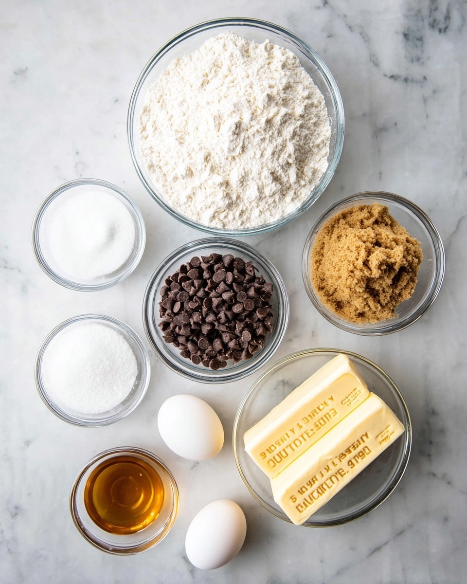 A white marbled surface holds several clear glass bowls and two sticks of butter arranged neatly. The largest bowl is filled with white flour, positioned near the top center. To the right, a slightly smaller bowl contains brown sugar with a crumbly texture. Below that, another clear bowl is full of small dark chocolate chips, creating a deep contrast. On the left side, a medium bowl contains white granulated sugar, and a smaller bowl holds baking soda and salt together as a white powdery mix. An egg is placed near the bottom center, close to a bowl with golden brown vanilla extract. Two sticks of pale yellow butter, still wrapped in paper, sit between the bowls, completing the collection of baking ingredients. The soft natural light highlights the textures and colors against the white marbled background, photo taken with an iphone --ar 4:5 --v 7