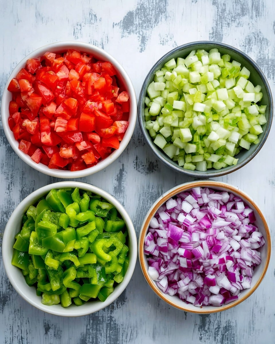 The image shows four white bowls arranged in a square on a white marbled surface. Each bowl is filled with finely chopped vegetables: the top left bowl holds bright red tomatoes, the top right bowl is filled with pale green cucumbers, the bottom left bowl has vivid green bell peppers, and the bottom right bowl contains purple and white chopped onions. The vegetables are evenly cut into small square pieces, filling each bowl to the rim. Photo taken with an iphone --ar 4:5 --v 7
