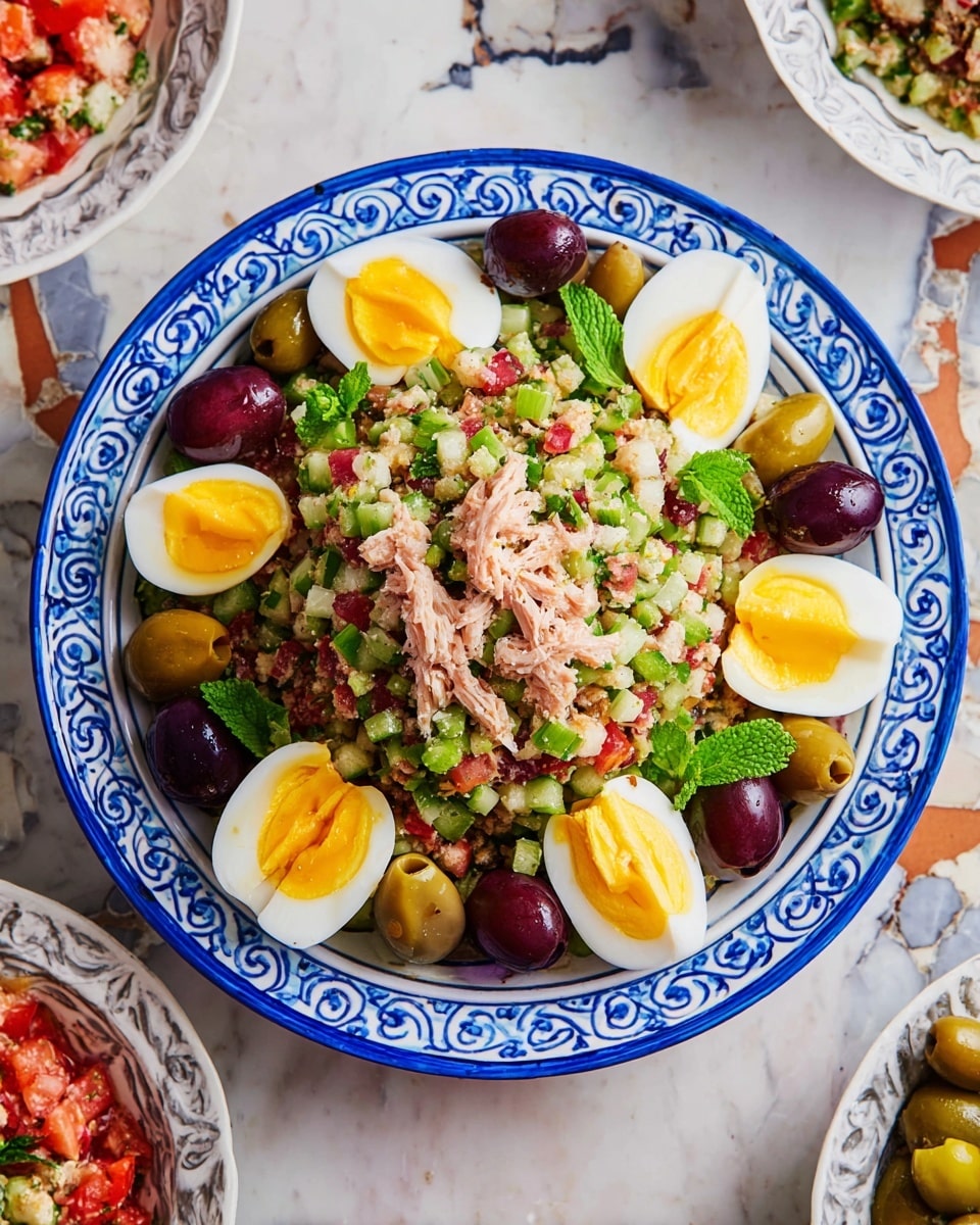 A colorful salad is presented in a white bowl with blue patterns. The bottom layer is finely chopped green, red, and purple vegetables, giving a fresh and bright look. On top, there are six white egg quarters with yellow yolks arranged in a circle. Around the eggs are green olives and darker purple olives spaced evenly. There are four small piles of pale shredded meat placed near the edge of the bowl. The bowl sits on a white marbled surface. Photo taken with an iphone --ar 4:5 --v 7
