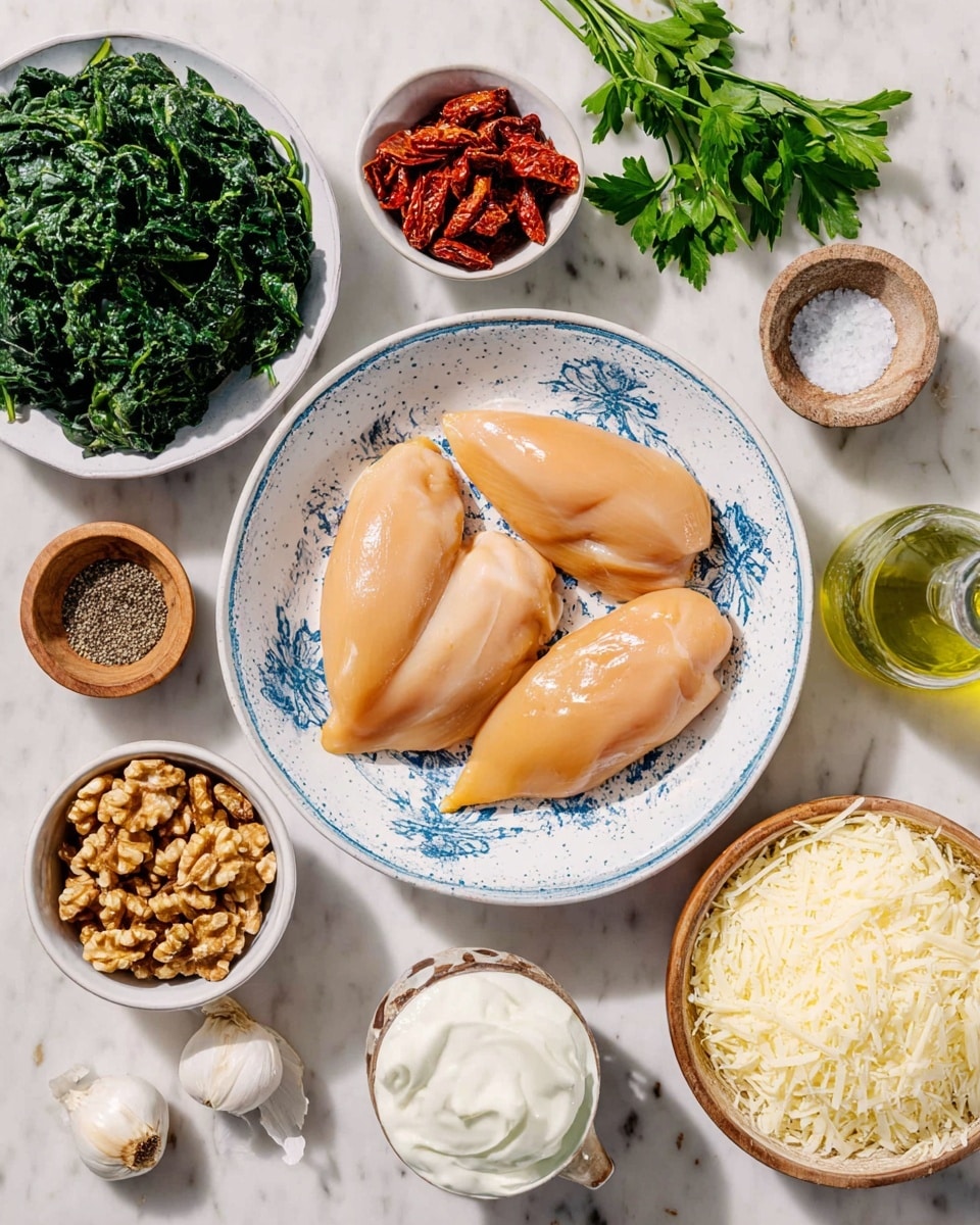 The image shows four smooth, light brown chicken pieces placed closely in a white bowl with blue patterns around the edge. Surrounding the bowl, there are different small white bowls and dishes with ingredients; one bowl has bright cooked spinach with a soft texture, another holds red sun-dried tomatoes with a wrinkled look, and a small bowl contains shelled walnuts with a rough look. There is also a white bowl filled with creamy white sauce, a bowl with shredded pale yellow cheese, and a greenish small bowl filled with grated parmesan, which looks powdery. Two garlic cloves rest on a small white dish near some green leaves, possibly parsley, adding a fresh touch. Tiny wooden bowls hold salt and black pepper, and a green bottle with a metal spout has oil. The whole setup is on a white marbled textured surface. photo taken with an iphone --ar 4:5 --v 7