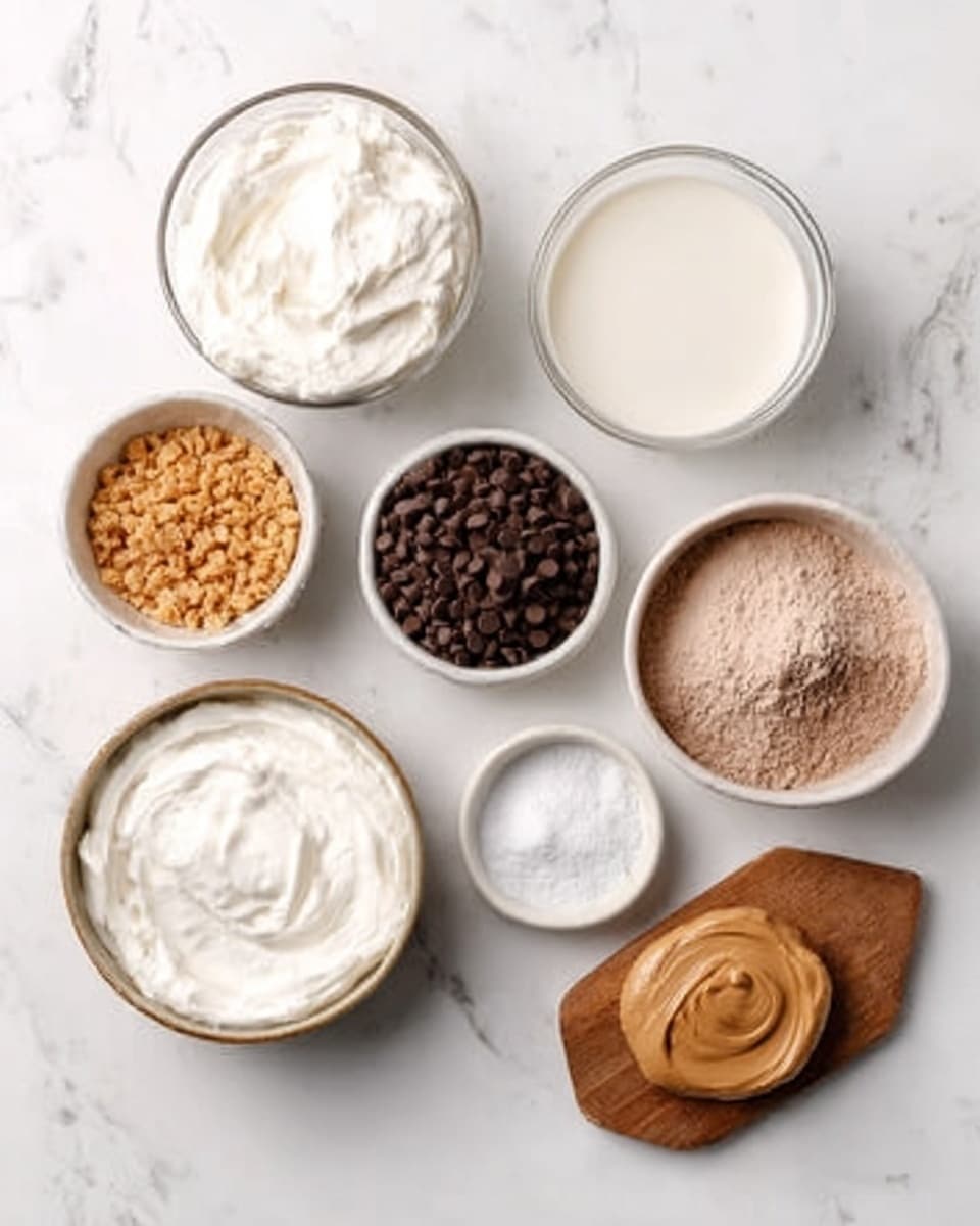 The image shows seven bowls arranged on a white marbled surface, each containing different ingredients. There is a white bowl with thick white cream, another with small light brown crunchy bits, and a third white bowl filled with a smooth white liquid. Next, a white bowl with light brown powder sits near a white bowl of dark chocolate chips, and a tiny white bowl with a light powder. There is also a small wooden board with a dollop of light brown creamy paste on it. All bowls are clean and simple, organized neatly for easy use. Photo taken with an iphone --ar 4:5 --v 7