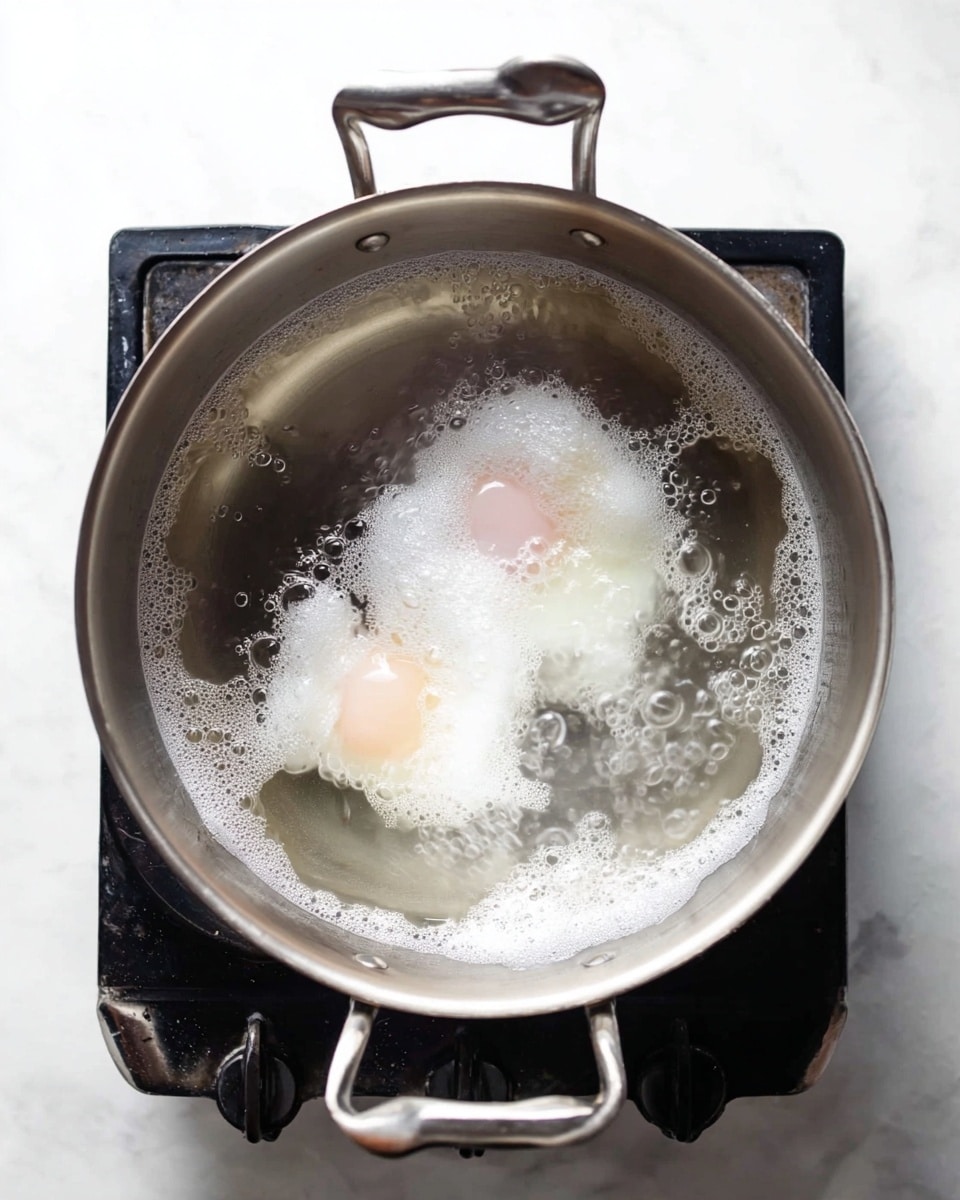 A large silver metal pot is shown from above, with two poached eggs cooking in the water inside. The water is bubbling gently, with small white foam patches around the eggs. Each egg has a white, soft, cloud-like texture with a pale pink center yolk visible through the whites. The pot handles are metal and sturdy, one on the left and one on the right. The pot sits on a black stove burner, and the whole scene is on a white marbled surface. photo taken with an iphone --ar 4:5 --v 7