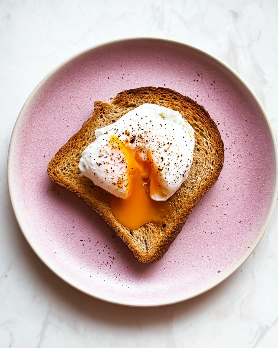 A single slice of toasted bread with a light brown, crispy texture is placed in the middle of a white plate with a soft pink rim. On top of the toast sits a poached egg with smooth, white, soft edges, and the yolk is broken, spilling bright orange yolk over the toast. The egg is sprinkled lightly with cracked black pepper, adding dark specks on the white egg and toast. The plate sits on a white marbled surface, creating a clean and fresh background. Photo taken with an iphone --ar 4:5 --v 7