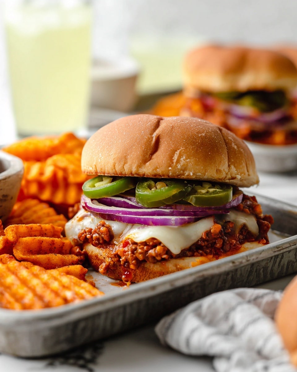 A close-up of a burger on a metal tray with a white marbled surface underneath, the burger has a soft, slightly wrinkled brown bun on top, underneath are several green jalapeno slices layered over thin, purple onion rings. Below the onions, melted white cheese covers a layer of cooked ground meat mixed with small pieces of red and green bell pepper in a reddish sauce. To the left side of the burger, there are crispy, orange-colored waffle fries stacked on the tray. In the background, another identical burger and a glass of light yellow drink are softly blurred. photo taken with an iphone --ar 4:5 --v 7