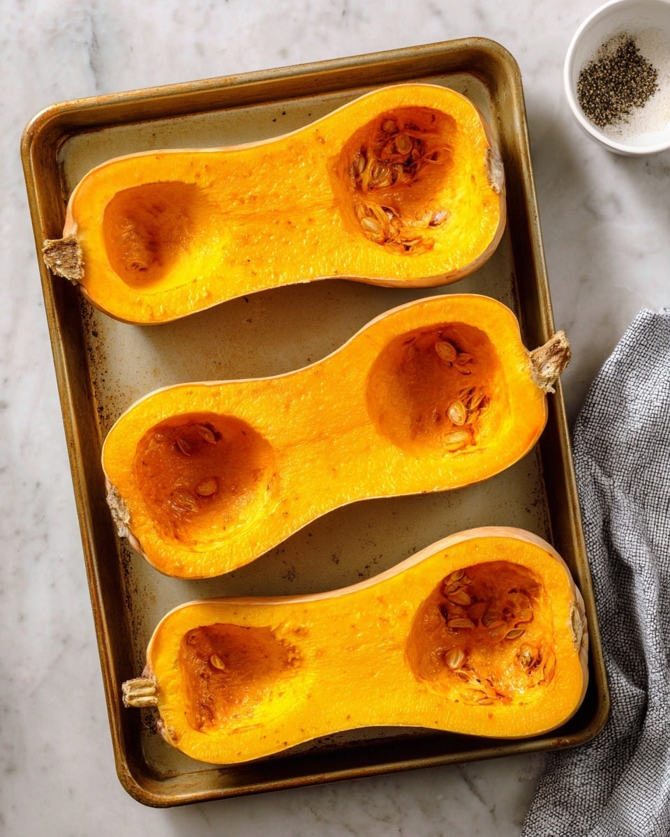 The image shows four halves of roasted butternut squash placed side by side on a baking tray. Each squash half has a smooth orange-yellow inside with some darker roasted orange spots where the seeds were removed. The outer skin is light brown with some areas darker from roasting. The tray rests on a white marbled surface with a piece of gray cloth partially visible on the right side and a small white dish with black pepper slightly out of focus in the top corner. Photo taken with an iphone --ar 4:5 --v 7