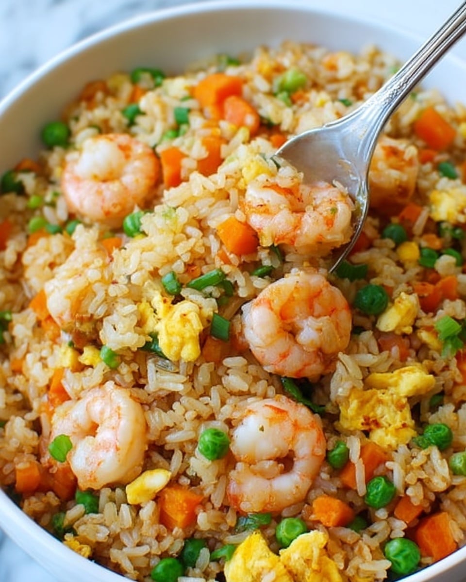 This image shows a white bowl filled with fried rice that has three main layers visible: the base layer of light brown rice, mixed with vibrant orange carrot cubes and green peas scattered throughout, the middle layer has yellow egg pieces mixed in, and the top layer shows several pink shrimp placed around, with some on a silver fork held by a woman's hand reaching into the bowl. The bowl is set on a white marbled surface, and the fried rice looks hot and fresh. photo taken with an iphone --ar 4:5 --v 7