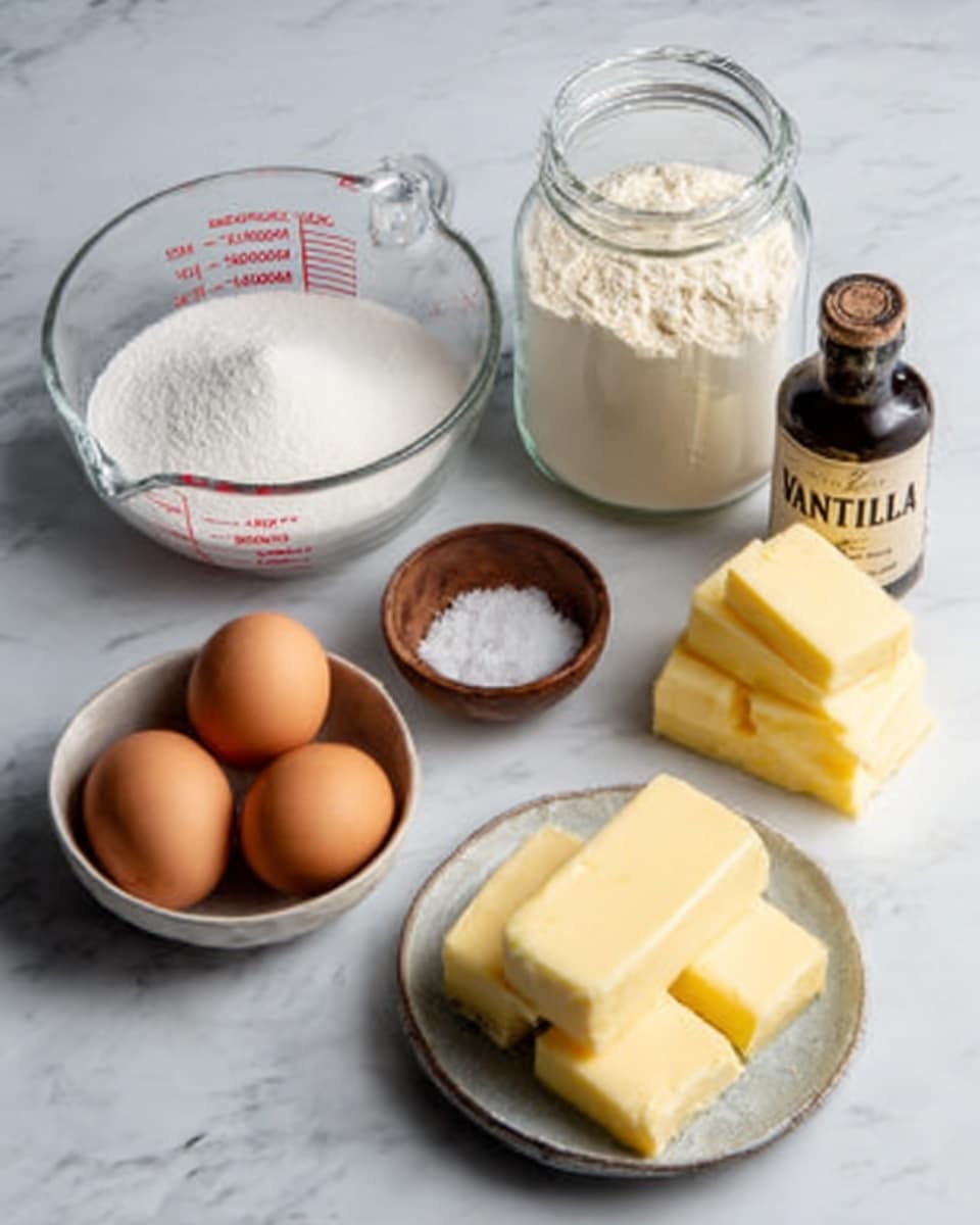 The image shows a white marbled surface with baking ingredients neatly arranged. On the right, there is a clear glass jar full of white flour, next to a small stack of yellow butter cubes. In front of the flour jar, there is a small brown bowl with salt. To the right of the salt, there is a dark glass bottle labeled