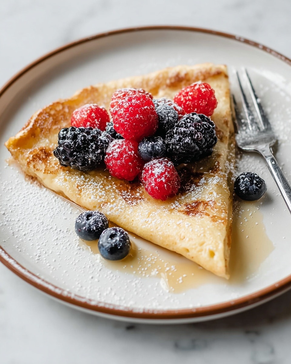 A single golden-brown pancake slice sits in the center of a white plate with a thin brown rim. On top of the pancake is a small pile of fresh berries, including bright red raspberries, deep purple-black blackberries, and dark blue blueberries. The pancake and berries are lightly dusted with white powdered sugar, with some scattered on the plate as well. A small pool of syrup is visible at the base of the pancake, and a silver fork rests on the right side of the plate. The plate is set against a white marbled surface. photo taken with an iphone --ar 4:5 --v 7