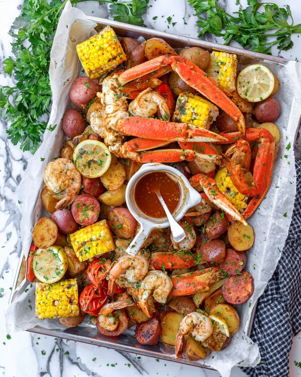 A large metal tray lined with white parchment paper holds a mixed seafood boil. The bottom layer includes bright orange crab legs and claws arranged around the edges. Scattered throughout are browned small potatoes in red and yellow shades, along with round red sausage slices. There are yellow corn pieces with grill marks interspersed among the seafood and veggies. Pink shrimp are spread across the top, adding texture. Lemon wedges with bright yellow flesh are tucked between the crab legs and potatoes. A small white ramekin filled with reddish-brown dipping sauce sits near the center with a spoon inside it. The whole dish is garnished with green parsley flakes. The background is a white marbled surface with fresh parsley on the side. Photo taken with an iphone --ar 4:5 --v 7