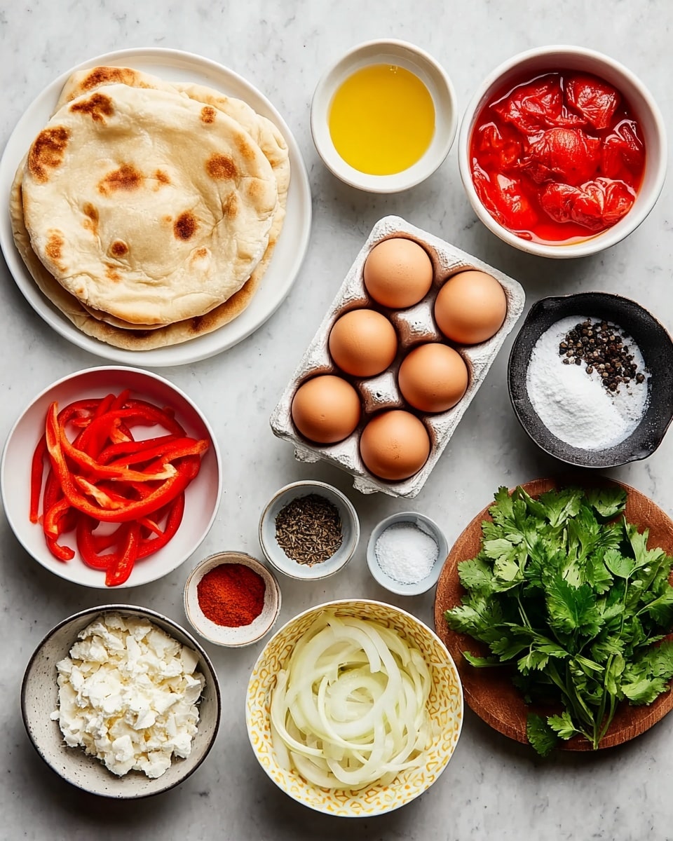 The image shows various ingredients for cooking, all placed on a white marbled surface. On the left, there is a white plate with flat, slightly browned bread stacked on top. Above it, a white bowl contains whole peeled tomatoes in red juice, and next to it is a small white bowl with a golden-yellow liquid, likely oil. In the middle, a white egg tray holds six brown eggs placed neatly. Around it, small bowls contain different spices: one with a deep red powder, one with a light brown powder, and a tiny bowl with a red spice powder. To the top right, a small wooden bowl holds cracked black pepper, and a small dark bowl with white salt. Next to those, a dark bowl has white crumbly cheese, and fresh green cilantro leaves rest to the far right. Below the cilantro is a white bowl with a yellow pattern, filled with thinly sliced white onions, and beside that, a brown bowl holds thin strips of bright red bell peppers. Everything is clear and colorful with a neat, organized look. photo taken with an iphone --ar 4:5 --v 7