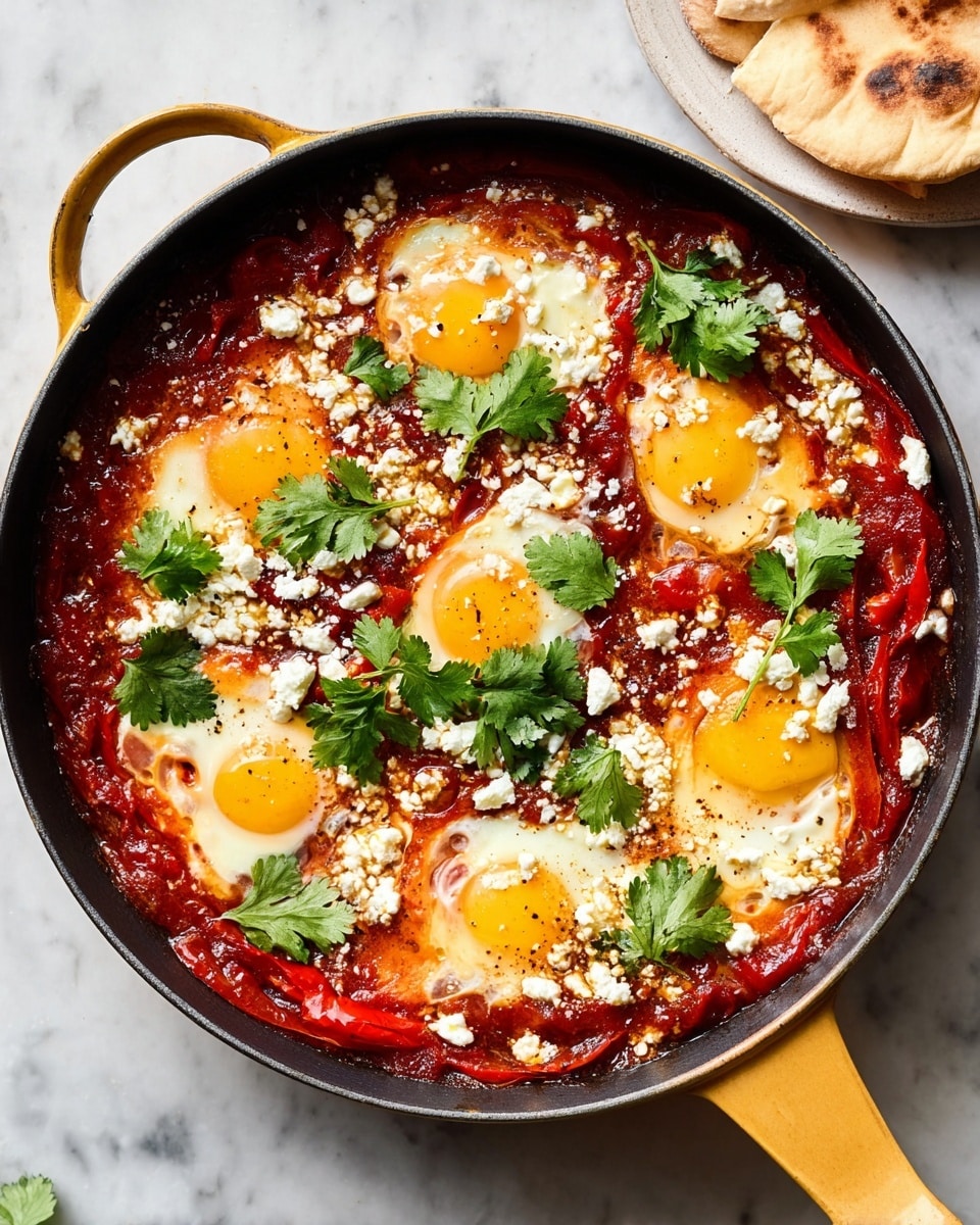 A round black pan with a yellow handle holds a dish with six sunny-side-up eggs evenly spaced in a rich red tomato sauce. The tomato sauce is thick and chunky, with visible slices of red peppers and onions spread throughout. White crumbles of cheese are sprinkled over the top, contrasting with the sauce and eggs. Bright green cilantro leaves are scattered over the whole dish, adding a fresh touch. The pan sits on a white marbled surface, with some torn flatbread on a white plate partially visible in the top right corner photo taken with an iphone --ar 4:5 --v 7