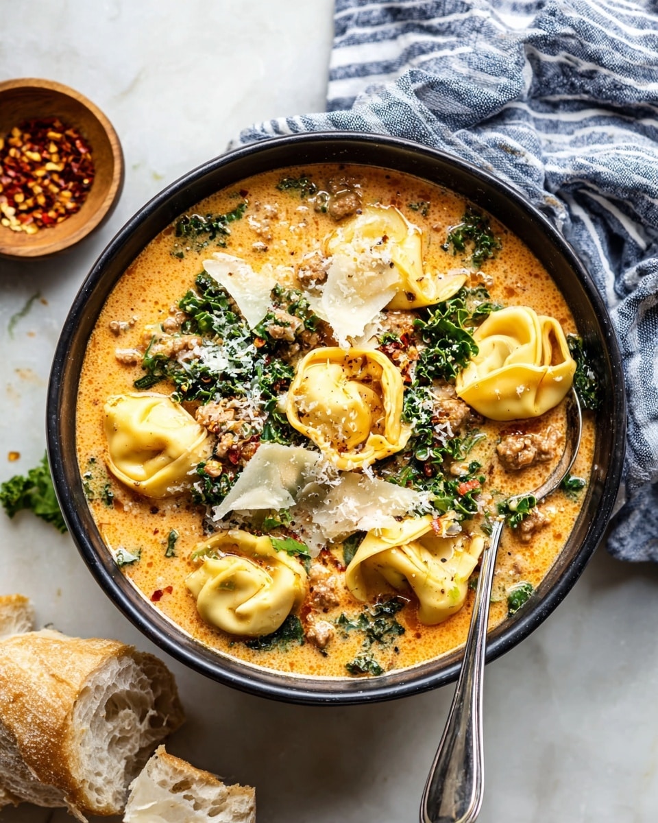 A dark bowl filled with a creamy orange soup that has five plump yellow tortellini on top, mixed with small bits of green kale and ground meat. Large white cheese shavings are scattered over the soup, adding texture. A silver spoon rests inside the bowl on the left side. The bowl is placed on a white marbled surface with part of a blue and white striped cloth nearby, a small wooden bowl with red chili flakes in the top left, and a piece of rustic white bread visible on the left side. photo taken with an iphone --ar 4:5 --v 7