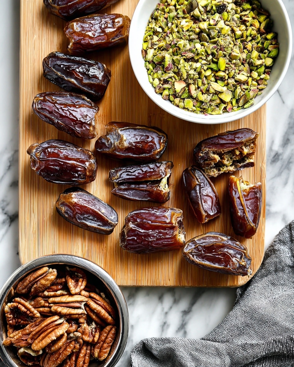 The image shows a wooden board with a neat arrangement of dark brown dates, each split open to reveal their inner texture. At the top center, there is a white bowl filled with chopped green pistachios, showing small uneven pieces and a mix of light green and brown colors. In the bottom left corner, a small silver bowl holds whole pecans with their rich brown shells and lighter brown inner lines visible. A grey cloth is partially visible in the bottom right corner, resting on the white marbled surface beneath the board. Photo taken with an iphone --ar 4:5 --v 7