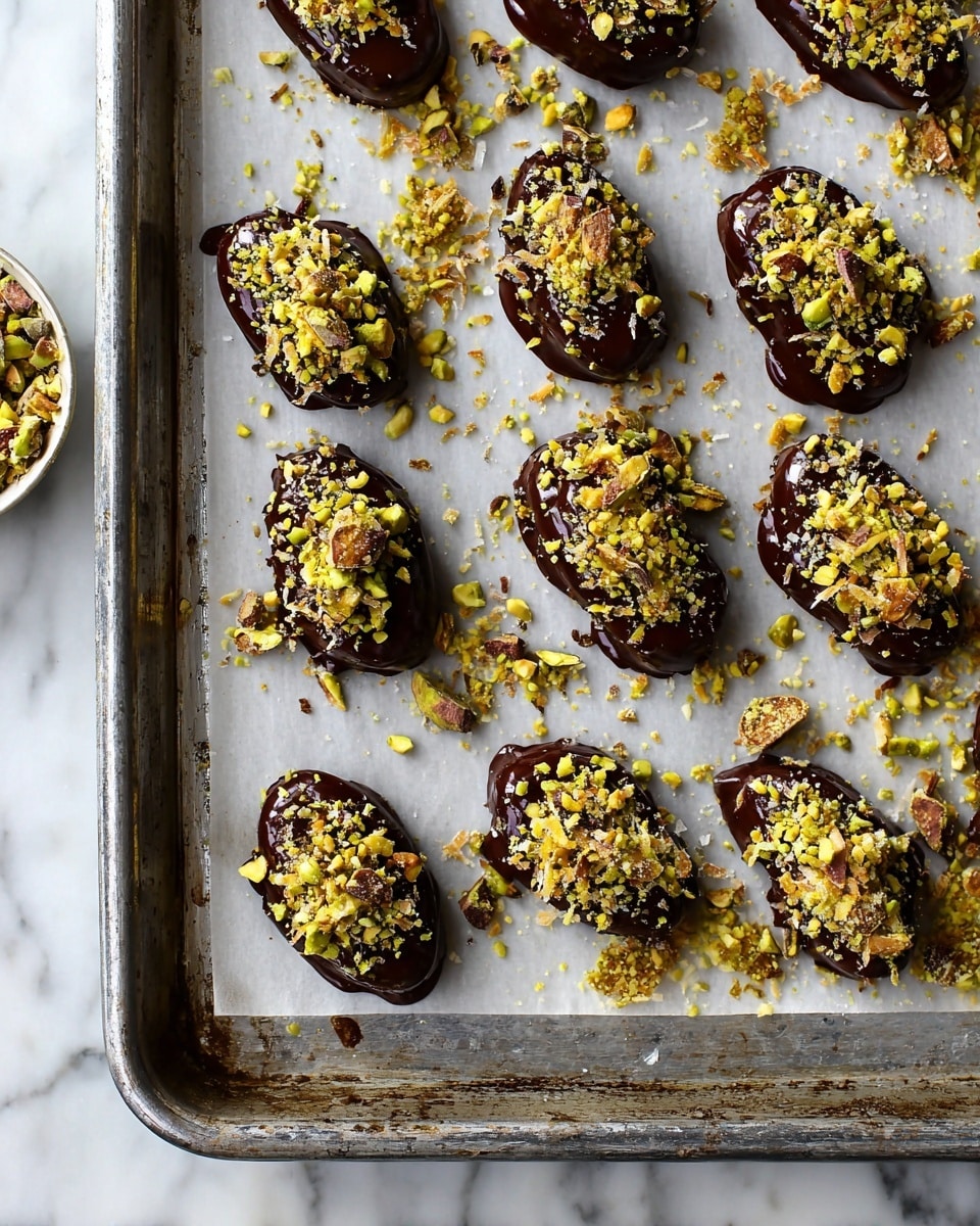 The image shows small, oval-shaped treats arranged in rows on a baking tray lined with white parchment paper. Each treat is fully covered with a shiny layer of dark chocolate, giving them a smooth, glossy finish. On top, they are sprinkled generously with a mix of crushed green pistachios and golden-brown toasted coconut flakes, adding texture and color contrast. Some of the toppings are scattered around the treats on the parchment paper, creating a natural, casual look. The baking tray has a worn gray metal texture, and the background is a white marbled surface. photo taken with an iphone --ar 4:5 --v 7