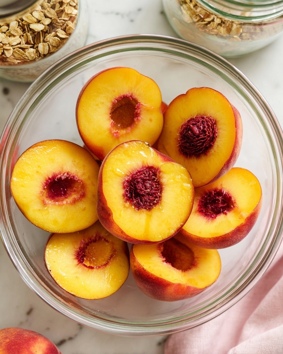 A clear glass bowl contains eight peach halves neatly arranged inside it, each showing a bright yellow-orange flesh with a dark red pit cavity in the center. The soft, juicy texture of the peaches is visible, with some glistening areas indicating moisture. The bowl rests on a white marbled surface, and nearby are blurred items that appear to be jars of granola and a light pink towel. The photo taken with an iphone --ar 4:5 --v 7