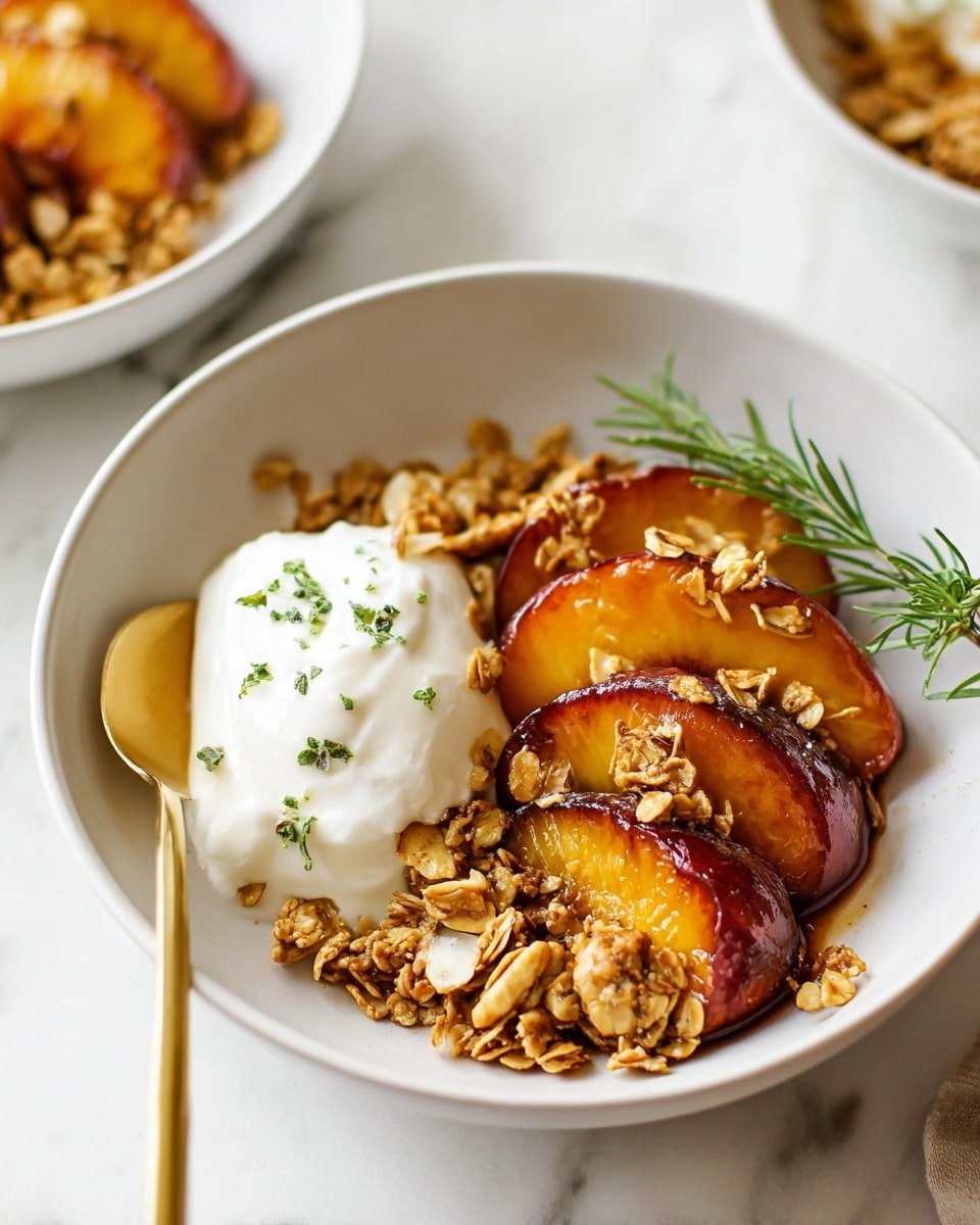 The dish shows a white bowl with three caramelized peach slices placed side by side as the bottom layer, their surfaces shiny and browned. On top of the peaches, there is a sprinkle of chunky golden-brown granola with visible rolled oats and nut pieces scattered evenly. Next to the peach slices, there is a scoop of white creamy yogurt, smooth in texture with small green herb flakes on it. A sprig of rosemary rests beside the yogurt adding a touch of green. A gold spoon is placed inside the bowl on the left side, resting against the peaches. The background is a white marbled surface with blurred parts of another bowl of the same dish visible in the distance. Photo taken with an iphone --ar 4:5 --v 7