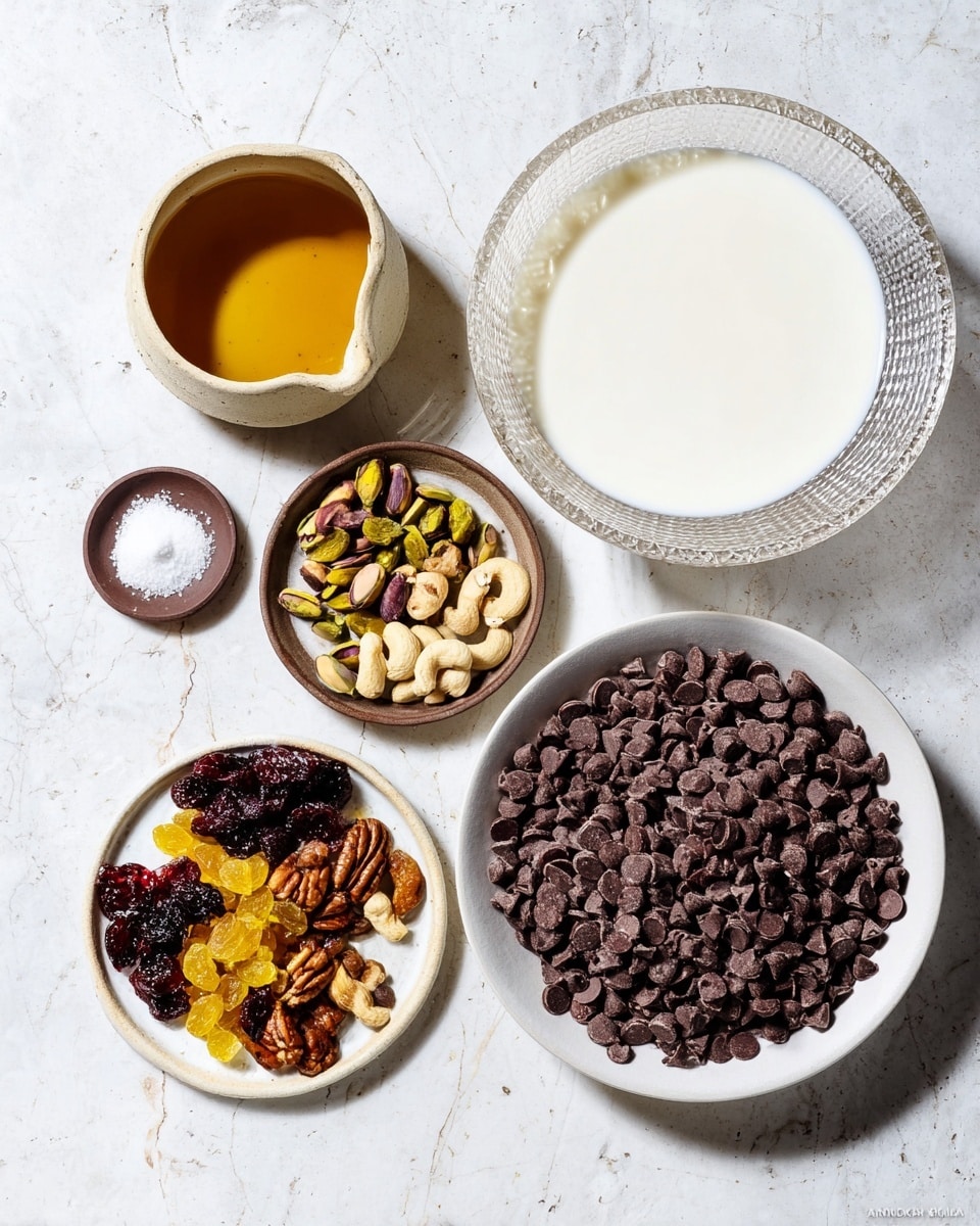 The image shows five items on a white marbled surface: a large white bowl filled with many small dark brown chocolate chips at the bottom right; above it is a clear, textured glass bowl filled with creamy white milk; to the left of the glass bowl is a small beige ceramic cup holding amber-colored honey; below that is a small brown plate with white salt; and further left is a white plate with mixed nuts and dried fruits including cashews, pecans, pistachios, golden raisins, and dark red cranberries. The colors range from dark browns to creamy whites with colorful nuts and fruits adding contrast. Photo taken with an iphone --ar 4:5 --v 7