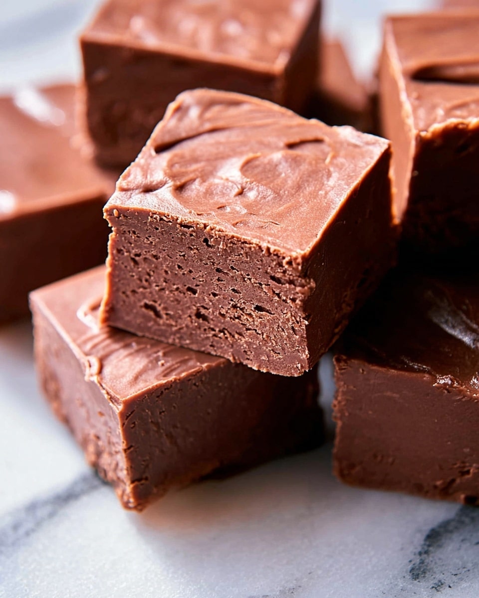 The image shows several square pieces of chocolate fudge stacked closely together. Each piece has two visible layers: a smooth, slightly shiny top layer in rich milk chocolate color and a thicker, dense inner layer with a soft, creamy texture and small air holes. The edges of the fudge are clean but look soft. The fudge pieces are arranged on a white marbled surface that adds a clean background with light reflections. photo taken with an iphone --ar 4:5 --v 7