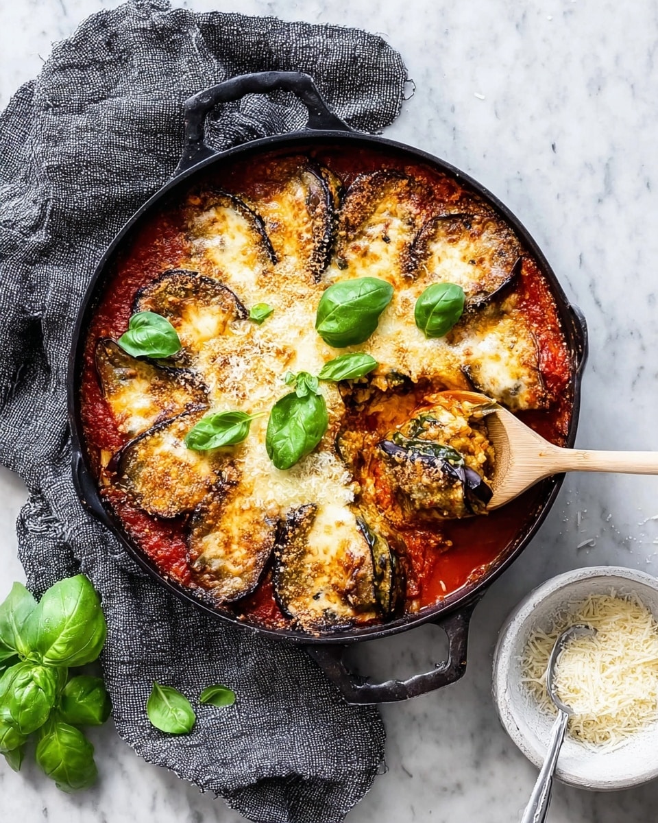The image shows a black cast iron pan filled with a baked dish that has three main layers: the bottom layer is bright red tomato sauce, the middle layer consists of rolled pieces of eggplant with a brownish grilled texture, and the top layer is melted and bubbly golden-brown cheese spread unevenly across the surface. Fresh green basil leaves are placed on top as garnish in three spots. A wooden spoon rests inside the pan, partially lifting one of the eggplant rolls. Next to the pan, a small white bowl contains grated cheese with a silver spoon. The scene is set on a white marbled surface, and a gray textured cloth is casually folded above the pan. Some fresh basil leaves are placed in the lower left corner. The photo taken with an iphone --ar 4:5 --v 7