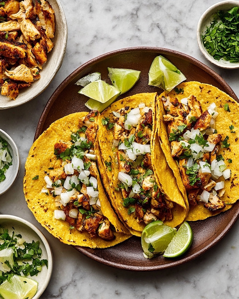 Three corn tortillas with a yellow color and slight char marks are placed on a round brown plate. Each tortilla is folded with grilled pieces of golden-brown chicken, topped with small white onion cubes and bright green chopped cilantro. Lime wedges with a fresh green color are placed on the plate between the tacos. Around the plate, there are small white bowls—one filled with lime wedges and the other with more chopped onions and cilantro. On the side, a white bowl with pieces of cooked chicken sits on a white marbled surface. The photo is taken with an iphone --ar 4:5 --v 7