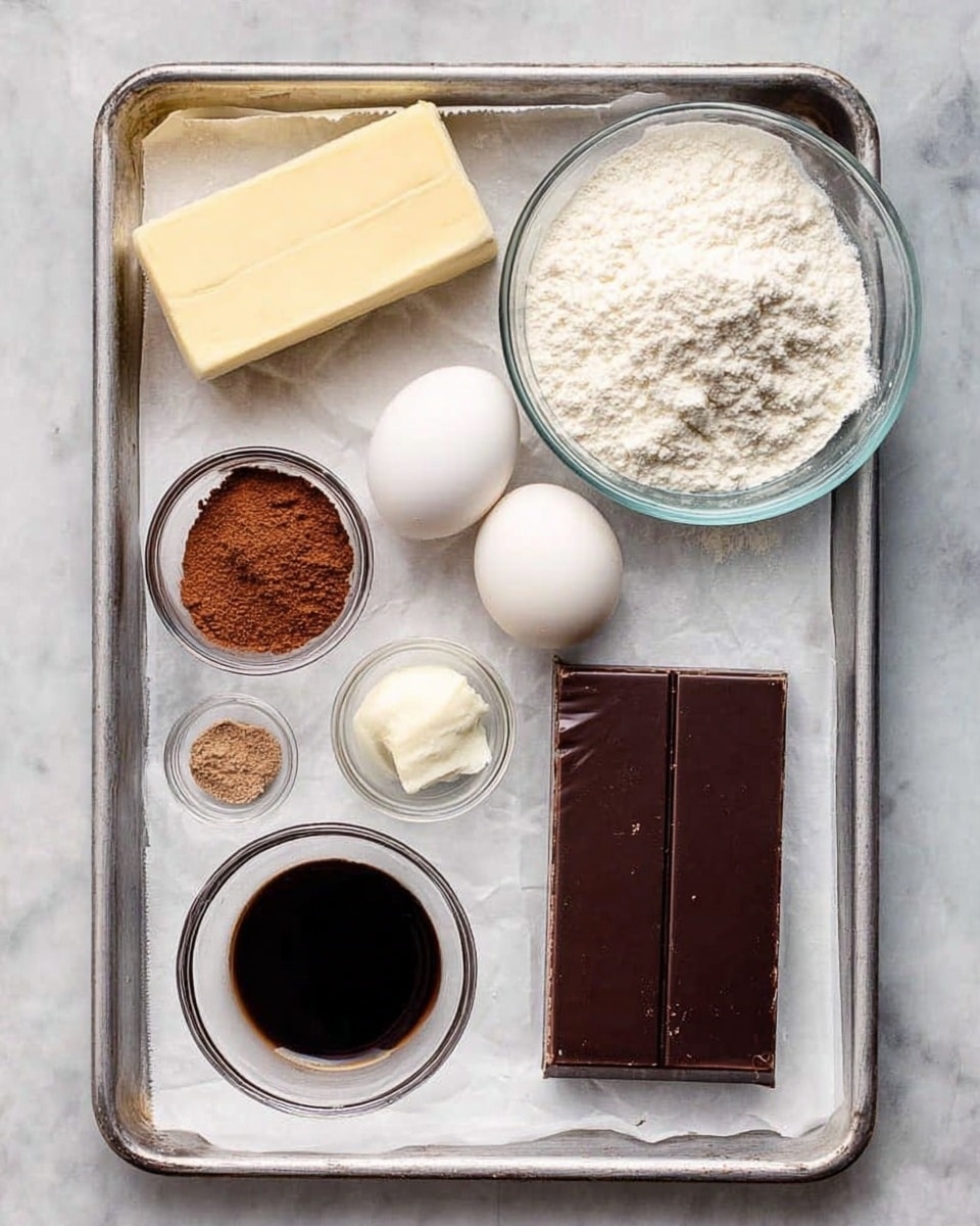 The image shows a metal tray lined with white paper holding several baking ingredients arranged neatly: a light yellow stick of butter on the top left, a small clear bowl of white sugar next to it, two white eggs below the sugar, a small bowl of light brown cocoa powder on the bottom left, a small clear bowl of dark vanilla extract in front of the eggs, a small bowl with a scoop of light cream-colored ingredient near the center, a small bowl of white flour near the top right, and a large dark brown rectangular chocolate bar on the right. The tray sits on a white marbled surface photo taken with an iphone --ar 4:5 --v 7