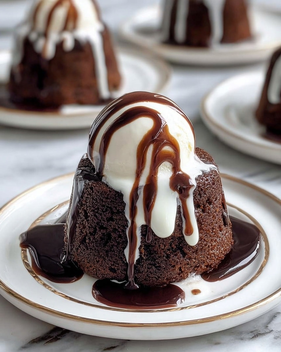 The image shows a small chocolate cake on a white plate with a thin gold rim, placed on a white marbled surface. The cake is dark brown and moist, with a scoop of white ice cream on top. Thick, shiny dark chocolate sauce is poured over the ice cream and cake, dripping down the sides and pooling around the base. In the background, there are more plates with the same dessert, slightly out of focus. Photo taken with an iphone --ar 4:5 --v 7