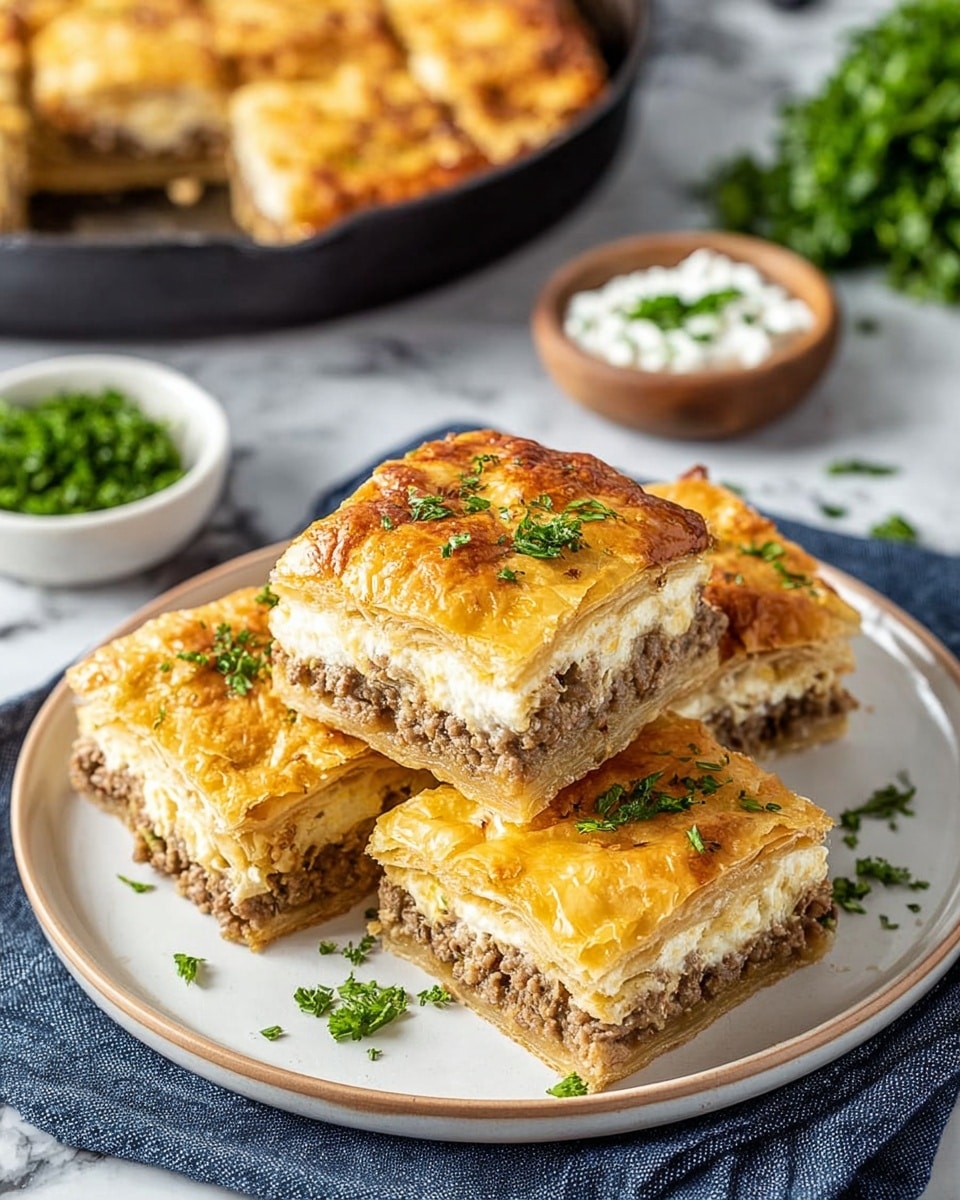 The image shows six square pieces of a layered savory dish placed on a white plate with a thin beige rim. Each square has three visible layers: a top golden-brown baked crust with a shiny, slightly flaky texture, a middle creamy white cheese layer, and a bottom layer of light brown cooked ground meat. Small green parsley leaves are sprinkled on top for garnish. The plate is set on a dark blue cloth on top of a white marbled surface. In the background, there is a black skillet with more pieces of the dish and some green herbs in a small bowl, along with a small white container with a green garnish on top. Photo taken with an iphone --ar 4:5 --v 7