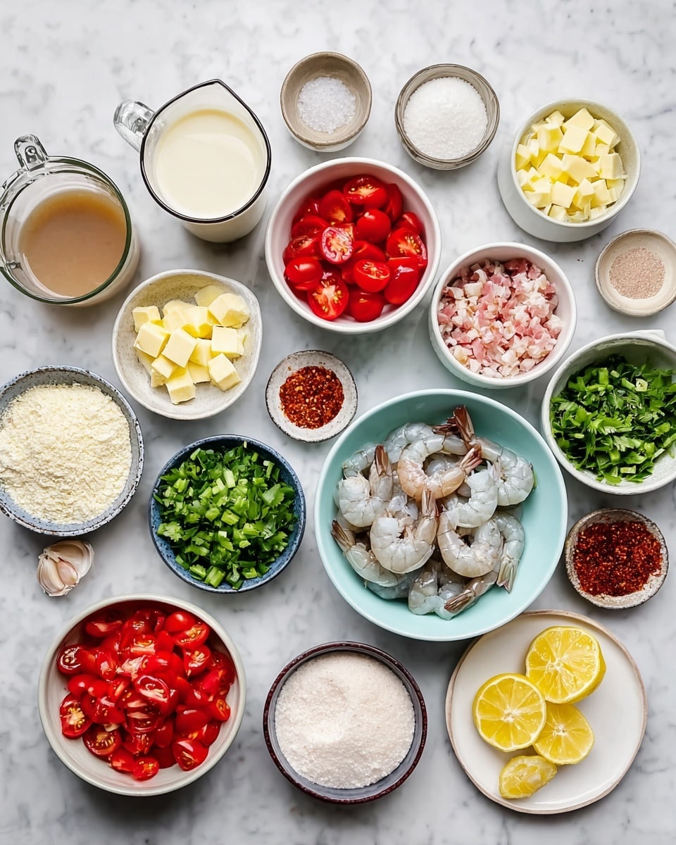 A collection of small white bowls and a glass measuring cup are arranged on a white marbled surface, each holding different fresh ingredients. In the center, a light blue bowl is filled with raw shrimp, grayish-white with pinkish tails. Around it, there are bowls with bright red halved cherry tomatoes, diced red bell peppers, chopped green onions, chopped fresh parsley, grated pale yellow cheese, and small cubes of pale pink raw bacon. There is also a bowl of yellow butter cubes, a bowl of fine white flour, a small dark bowl of salt, a smaller white bowl of red seasoning powder, and a small dish with reddish paste. A glass measuring cup holds light brown broth, and another glass jug contains creamy milk. A small bowl of chopped garlic and a few lemon wedges on a white plate complete the setup. photo taken with an iphone --ar 4:5 --v 7