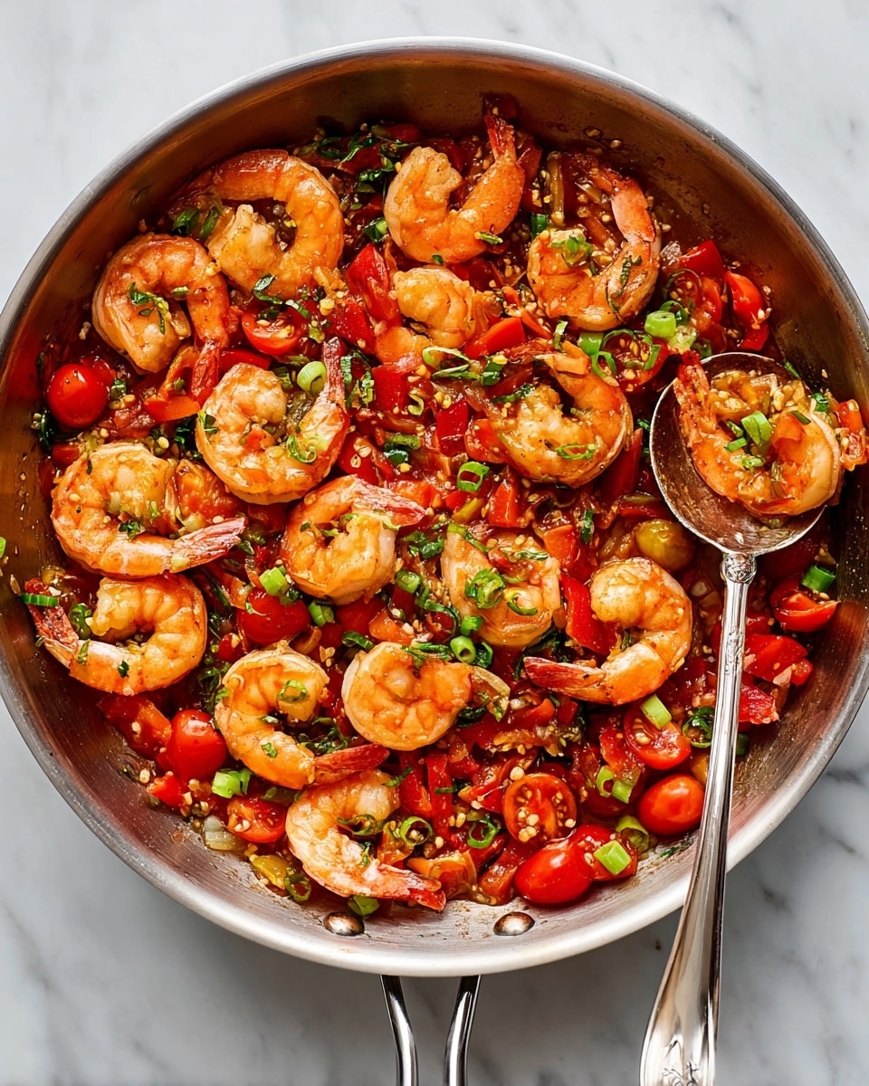 A round silver pan filled with cooked shrimp mixed with bright red chopped peppers and halved cherry tomatoes. The shrimp are orange with a shiny texture, spread evenly throughout the pan. There are small green pieces of sliced green onions and scattered fresh green herb leaves on top. A large silver spoon rests inside the pan, partially lifting some shrimp and vegetables. The pan is placed on a white marbled surface. Photo taken with an iphone --ar 4:5 --v 7