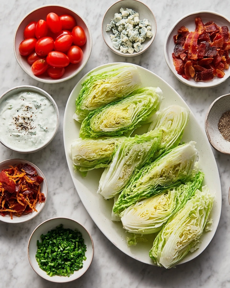 The image shows a white oval plate in the center with six wedges of fresh, light green iceberg lettuce, each layered thickly with visible crisp leaves and white cores. Surrounding the plate are seven small white bowls: one bowl contains bright red halved cherry tomatoes on the upper left; below it is a bowl of creamy white dressing with herbs mixed in; next to it is a tiny bowl with black pepper and salt; a larger bowl next to it holds finely chopped green chives. On the right side, there is a bowl with crumbled blue cheese, a bowl with crispy brown bacon pieces, and a bowl with fried golden-brown onion strings. All items are set on a white marbled surface that adds subtle texture to the scene. photo taken with an iphone --ar 4:5 --v 7