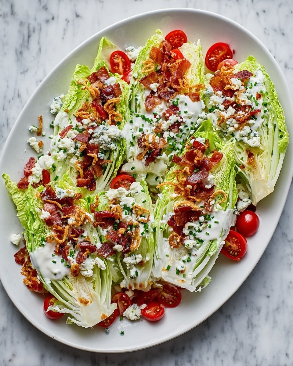 The dish is a fresh wedge salad served on a large white oval plate, placed on a white marbled surface. It consists of six large green lettuce wedges arranged evenly, each showing firm, crisp layers of light and dark green leaves. The wedges are topped with creamy white dressing drizzled over the center and edges. Bright red halved cherry tomatoes are scattered throughout, adding a pop of color. Small crispy pieces of brown bacon and thin golden fried onion rings are sprinkled over the top, giving texture contrast. Finally, crumbled blue cheese and finely chopped green chives are spread evenly on the salad, making the dish visually appealing and layered. photo taken with an iphone --ar 4:5 --v 7