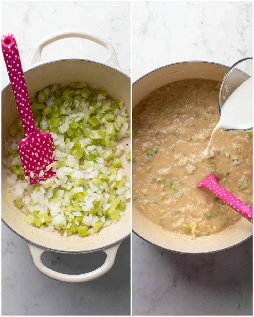The image shows two views of cooking in a light-colored pot on a white marbled surface. On the left, there is a layer of chopped white onions and green celery pieces being stirred with a pink spatula with white polka dots. On the right, the same pot contains a thick creamy beige mixture with visible bits of celery and onion being stirred by the same pink spatula while a clear measuring cup pours white liquid into it. Photo taken with an iphone --ar 4:5 --v 7