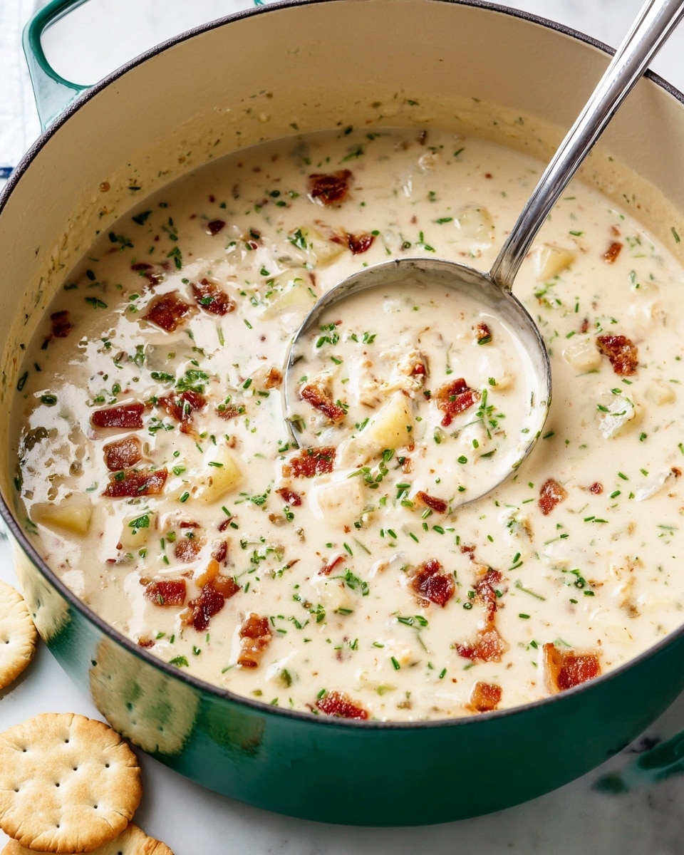 A large green pot filled with creamy soup featuring three main layers: a thick creamy pale beige base with visible pieces of diced potatoes in light yellow, small bits of browned bacon scattered throughout in reddish-brown, and tiny flecks of green herbs spread evenly on the surface; a silver ladle with a long handle is partially immersed in the soup on the right side of the pot, while the pot sits on a white marbled surface with a few round light beige crackers placed nearby photo taken with an iphone --ar 4:5 --v 7