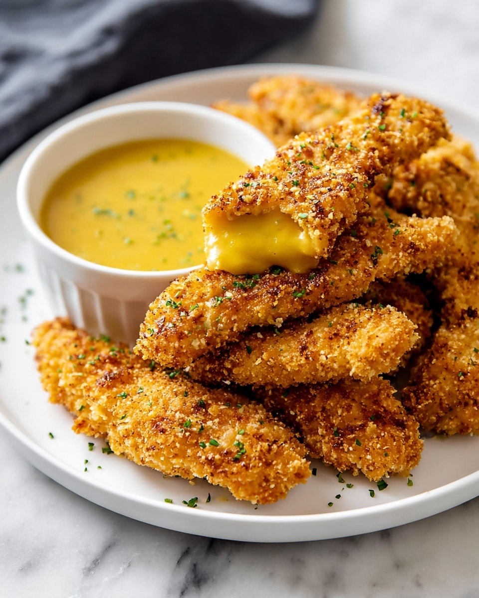 A white plate holds a stack of six golden brown crispy chicken strips sprinkled with green herbs, arranged around a small white bowl filled with thick yellow dipping sauce. One chicken strip is partly dipped into the sauce, showing a crunchy textured surface. The plate sits on a white marbled surface with a blurred dark cloth in the background. photo taken with an iphone --ar 4:5 --v 7