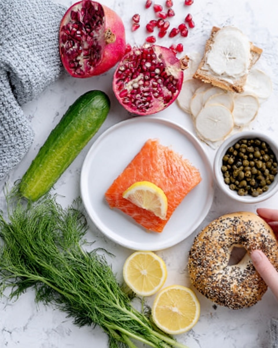 The image shows a small white plate in the center with a round salmon-colored piece of smoked fish on it, with a thin lemon slice on top. Around the plate on a white marbled surface are various ingredients: a long cucumber piece on the left, next to a half pomegranate with bright red seeds, a bunch of fresh green dill below, half a lemon cut into wedges nearby, a pile of small dark green capers in a white bowl on the right, a cluster of thin white slices of mushroom, and a bagel with sesame seeds and poppy seeds sitting at the bottom right corner. A woman’s hand holds the cucumber on the far left edge. There is a light gray knitted cloth near the top left corner. The photo taken with an iphone --ar 4:5 --v 7