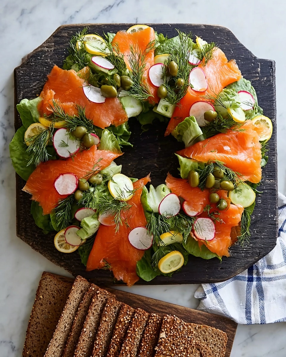 The image shows a round wreath-shaped arrangement on a dark wooden board, placed on a white marbled surface. The wreath has layers starting with green lettuce leaves as the base, topped with bright orange slices of smoked salmon neatly folded and spread around the circle. Thin, white radish slices with pink edges are scattered evenly on the salmon. Small green cucumber rolls add texture and shape, along with large green capers placed on top. Fresh dill sprigs are sprinkled throughout, and thin lemon slices with a yellow rind line the outer edge of the wreath. Next to the board, there is a stack of dark brown seeded bread slices on a white cloth with a blue check pattern. Photo taken with an iphone --ar 4:5 --v 7