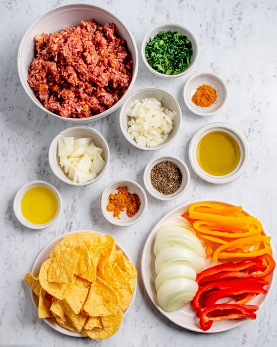 The image shows several white bowls and plates on a white marbled surface, each filled with different ingredients. In the center is a white bowl with reddish ground meat mixed with spices. Around it are small white bowls with green herbs, white minced garlic, brown spices, and yellow oil. Bottom left is a white bowl filled with light yellow circular tortilla chips. At the bottom right is a white plate holding sliced orange carrots, white onions, yellow bell peppers, and red bell peppers. The colors are bright and fresh, and the ingredients are neatly arranged, ready to be cooked. Photo taken with an iphone --ar 4:5 --v 7