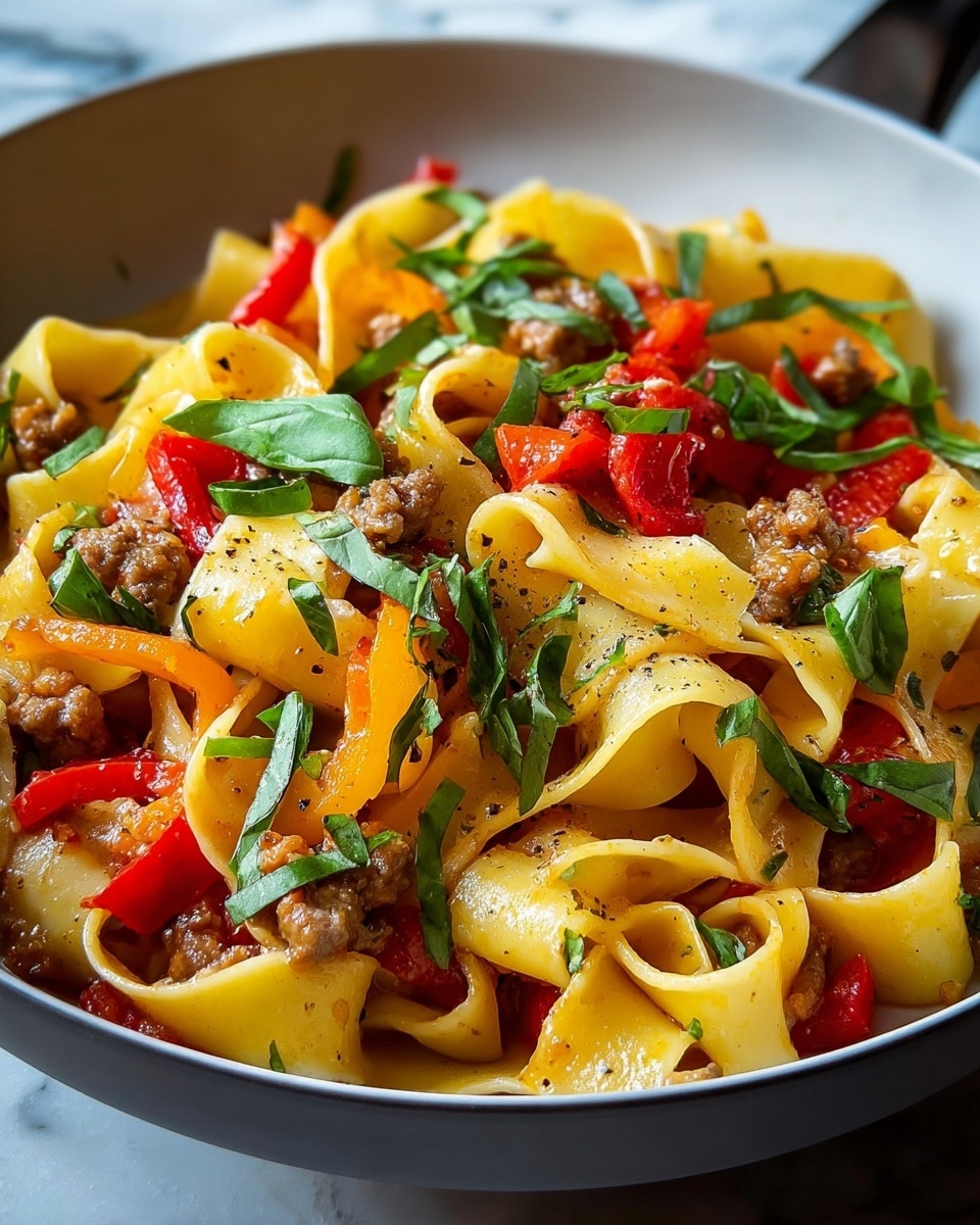 A large white bowl is filled with wide, soft pasta ribbons that have a smooth, light yellow color and are slightly curled. Mixed among the pasta are bright red and yellow bell pepper pieces, adding vibrant color. There are small browned meat chunks scattered evenly throughout. Fresh green basil leaves and thin basil strips are sprinkled on top, giving a fresh look. The dish appears lightly seasoned with visible black pepper specks on the ingredients. The bowl is placed on a surface with a white marbled texture. photo taken with an iphone --ar 4:5 --v 7