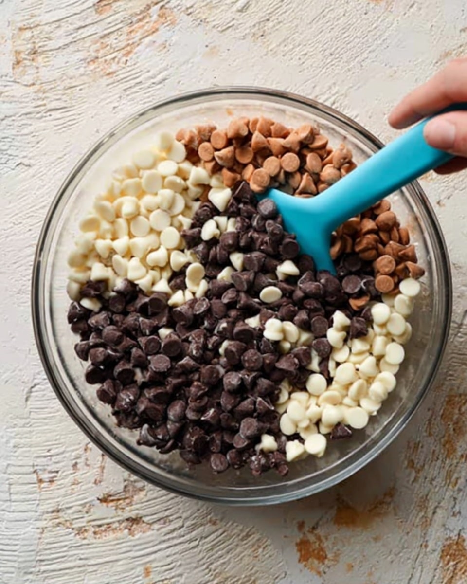 A clear glass bowl filled with three types of chocolate chips in layers: white chocolate chips on top, dark brown chocolate chips mixed throughout, and light brown chocolate chips scattered all over. A blue silicone spatula is resting inside the bowl, partially covered by the chocolate chips. The bowl sits on a textured white marbled surface, and a woman's hand is holding the edge of the bowl on the left side. photo taken with an iphone --ar 4:5 --v 7