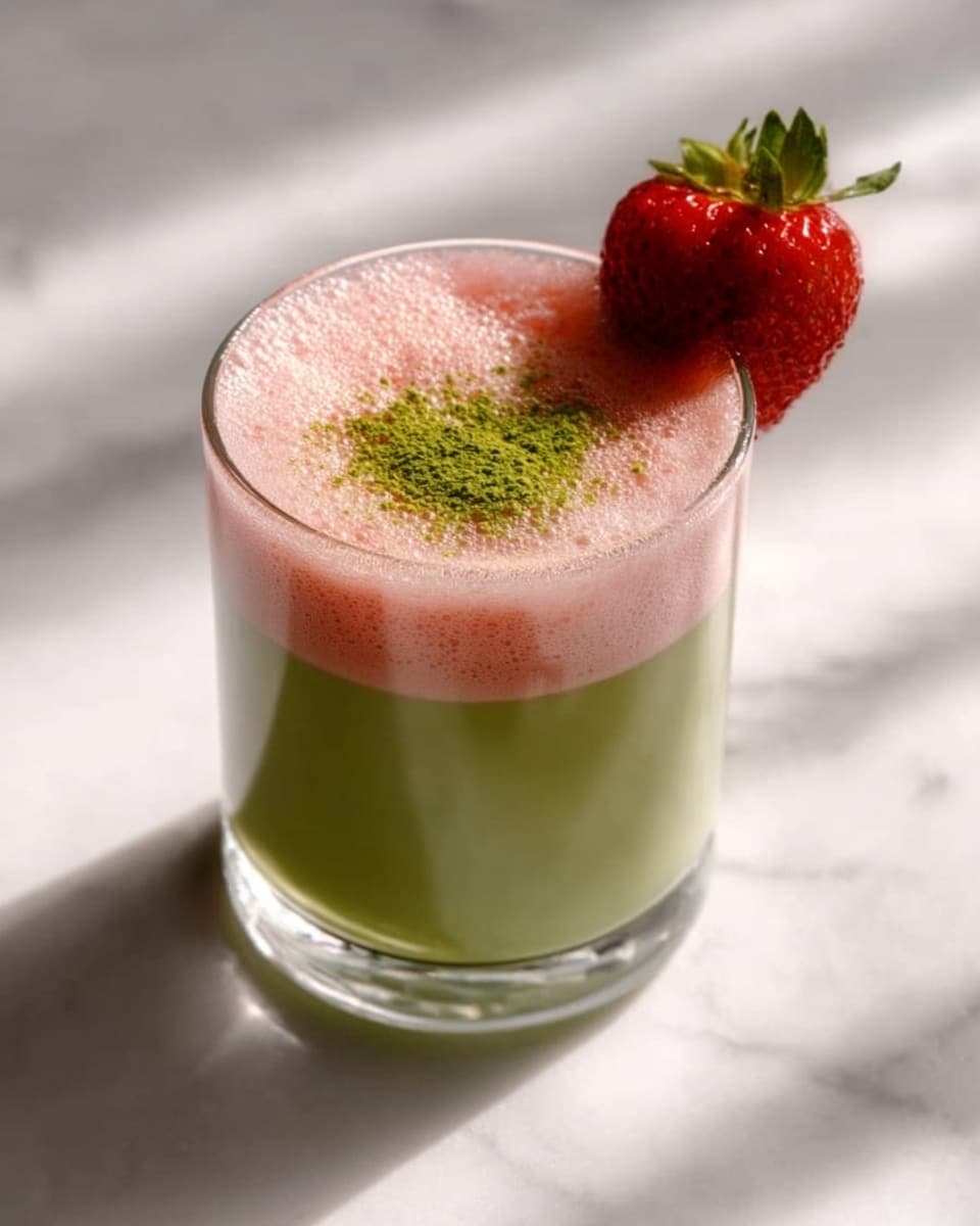 A clear glass holds a drink with two visible layers: a light green layer at the bottom and a thick, pink frothy layer on top. A small amount of green powder is sprinkled on the pink foam near the center. A fresh red strawberry with green leaves sits on the rim of the glass. The glass is placed on a white marbled surface with soft shadows. photo taken with an iphone --ar 4:5 --v 7
