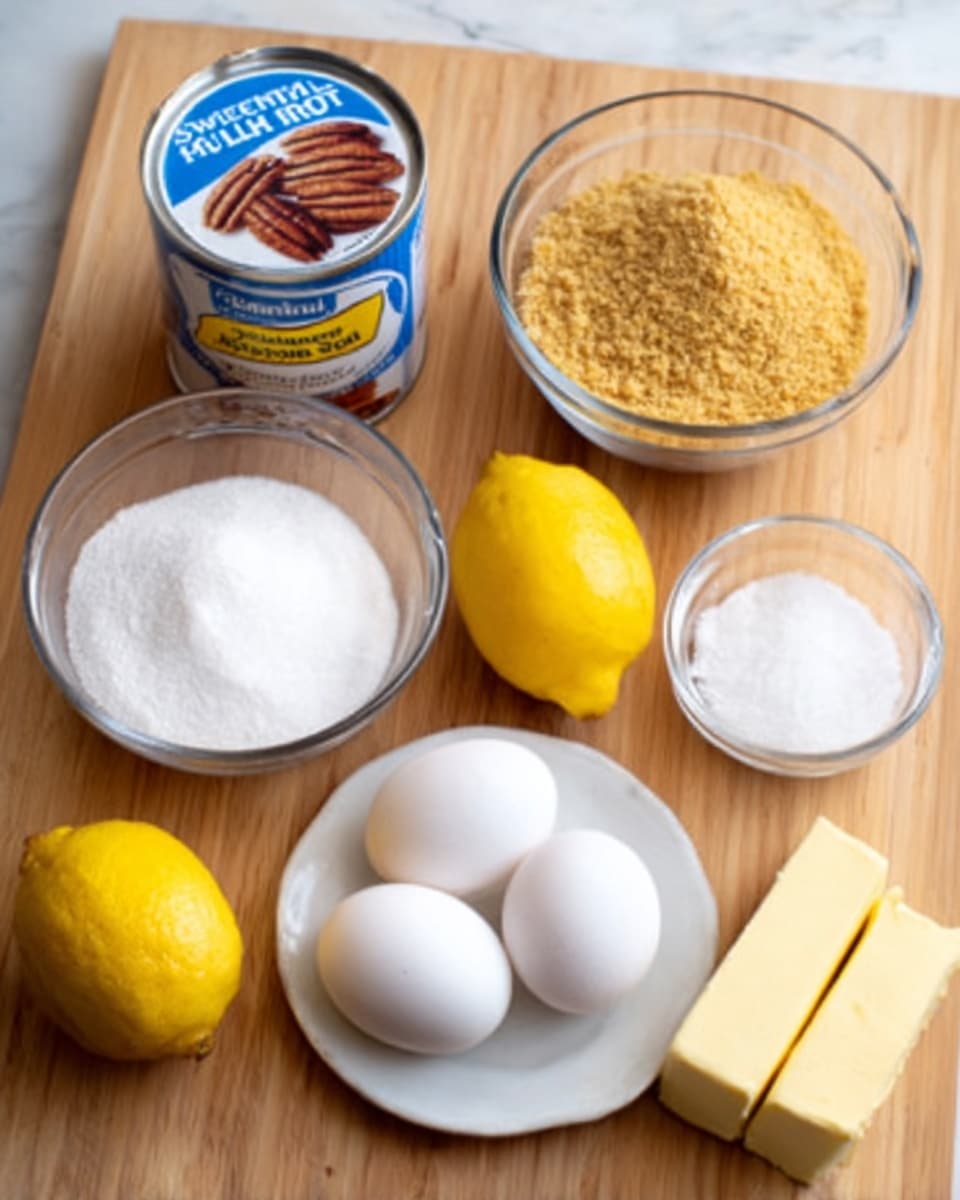 A white bowl with three white eggs placed inside is at the front right corner. To its left, there is a small clear glass bowl filled with white sugar, and in front of the sugar, a smaller clear bowl with salt. Behind the sugar bowl, a bigger clear bowl contains yellowish-brown crumbly graham cracker crumbs. To the right of the crumbs, a white plate holds three rectangular yellow sticks of butter. At the left side of the frame, there are two bright yellow lemons next to a blue and white can of sweetened condensed milk with a brown pecan picture on it. All items are placed on a wooden surface that should be reimagined as white marbled texture. photo taken with an iphone --ar 4:5 --v 7