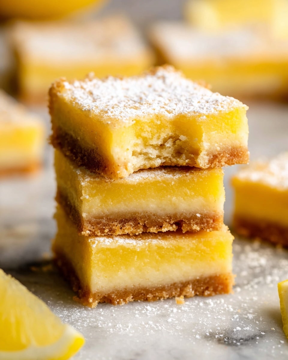 A close-up image of three stacked lemon bars on a white marbled surface, each bar showing two layers: a thick, crumbly light brown base and a smooth, bright yellow lemon layer on top. The top lemon bar has a small bite taken out, revealing the soft texture of the lemon layer. A light dusting of powdered sugar covers the top of the bars, adding a soft white texture. Around the stack, there are more lemon bars blurred in the background and a small lemon wedge placed near the bottom edge of the image. The photo taken with an iphone --ar 4:5 --v 7