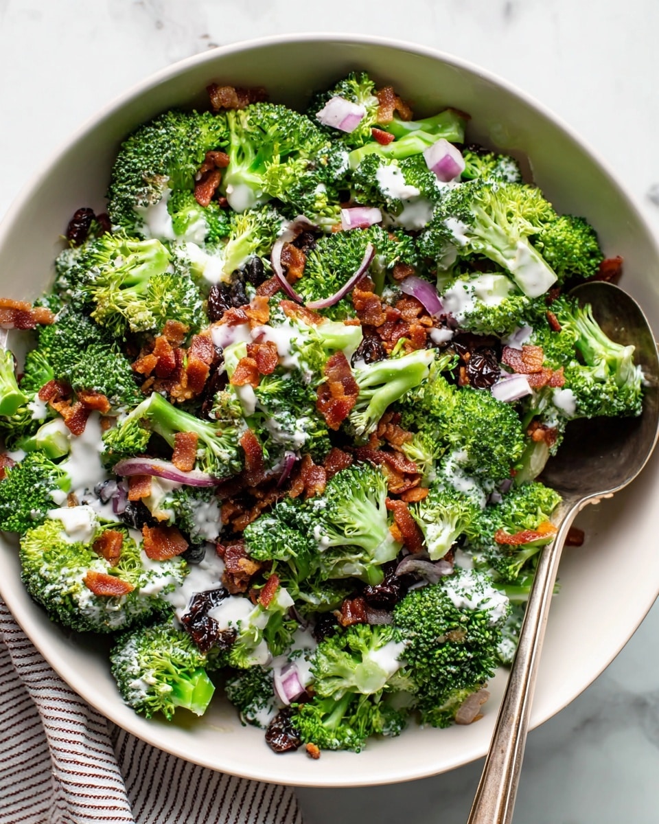 A white bowl filled with a fresh broccoli salad made of bright green broccoli florets, sprinkled with small pieces of crispy reddish-brown bacon, dark brown raisins, and finely chopped purple onions. There are dollops of creamy white dressing drizzled unevenly on top of the broccoli. A silver spoon is placed on the right side within the bowl, resting on the salad. The bowl sits on a white marbled surface with a glimpse of a striped cloth underneath. photo taken with an iphone --ar 4:5 --v 7